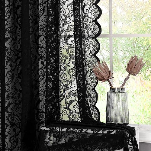 Bujasso Black Sheer Lace Curtains 54 inch Elegant Vintage Floral Short Curtain Panels for Kitchen Living Room Bedroom Light Filtering Black Drapes Window Treatment Sets Rod Pocket 2 Panels 54" Wx54 L - Image 1