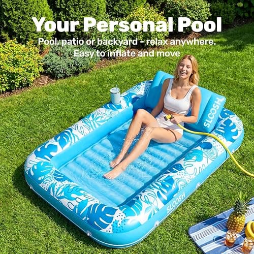 SLOOSH Inflatable Tanning Pool Lounger Float, 70" x 46" Pool Floats Adult with Pillow, 4 in 1 Suntan Tub Raft Floatie,Sunbathing Bed Lounge for Water Blow Up Kids Ball Pit Party Gifts, L-Blue thumbnail 3