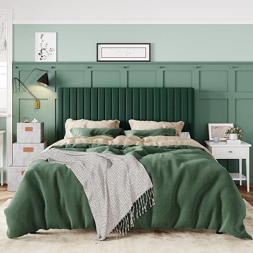 Allewie Queen Bed Frame, Velvet Upholstered Platform Bed with Adjustable Vertical Channel Tufted Headboard, Mattress Foundation with Strong Wooden Slats, Box Spring Optional, Easy Assembly, Green thumbnail 3