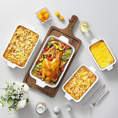 MALACASA Casserole Dishes for Oven, Porcelain Baking Dishes, Ceramic Bakeware Sets of 4, Rectangular Lasagna Pans Deep with Handles for Baking Cake Kitchen, White (9.4"/11.1"/12.2"/14.7"), Series thumbnail 6