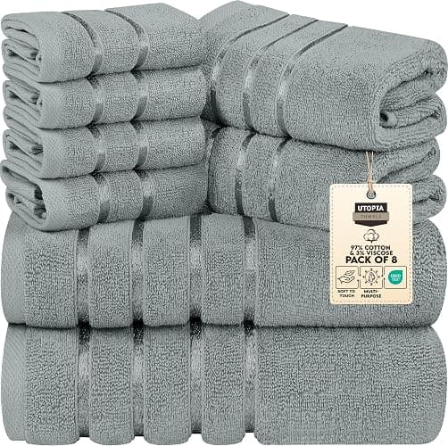 Utopia Towels 8 Piece Luxury Towel Set, 2 Bath, 2 Hand, and 4 Wash Cloths, 600 GSM Ring Spun Cotton, Highly Absorbent Viscose Stripe Towels, Ideal for Everyday use, Cool Grey - Image 1