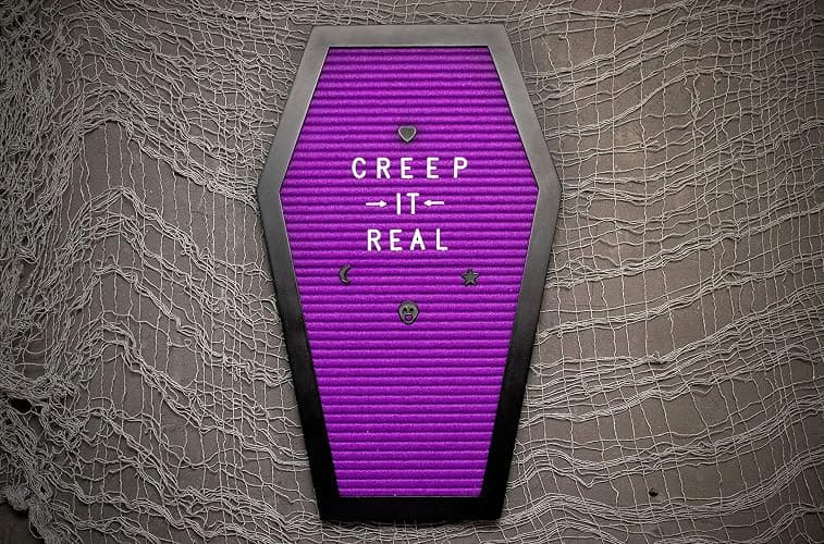 Nomnu Coffin Letter Board, Purple Goth Decor w/Bat Stickers, Spooky Emojis | Wood and Felt board 17x10.5 inches +650 characters 80+ spooky seasonal emojis, sawtooth hanger. Tabletop Stand thumbnail 9