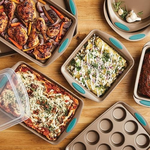 Rachael Ray 47578 Cucina Nonstick Bakeware Set with Grips Includes Nonstick Bread Pan, Baking Sheet, Cookie Sheet, Baking Pans, Cake Pan and Muffin Pan - 10 Piece, Latte Brown with Agave Blue Grips - 10 Piece - Latte Brown with Agave Blue Grips - Bakeware Set thumbnail 10