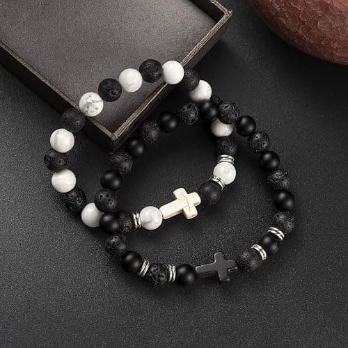 Softones 4PCS Cross Beads Bracelet for Men Women 8mm Healing Lava Stone Stretch Bracelets,7.5" thumbnail 6