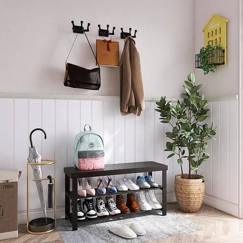 SMIBUY Bamboo Shoe Rack Bench, 3-Tier Shoe Organizer Storage Shelf for Entryway Hallway Bathroom Living Room (Black) - 33.86 x 11.23 x 17.9 inches - Black thumbnail 2