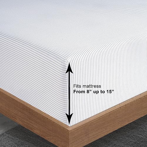 LANE LINEN Twin XL Fitted Sheet, 100% Organic Cotton 2-Piece Set (1 Fitted Sheet, 1 Pillowcase), Percale Weave, Bottom Sheet, Breathable, Fits Mattress Upto 15" Deep - Ticking Stripe (No Flat Sheet) thumbnail 4