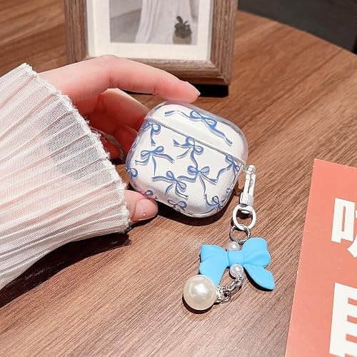 MINSCOSE for AirPods 4 Clear Case,Cute Ribbon Bow Pettern Design with Lovely Bow Pearl Keychain,Soft TPU Protective Shockproof Case for Girls Women for Airpods 4-Dark Blue thumbnail 6