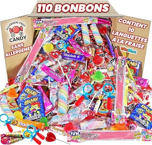 Mega Box 110 friandises remplies de pinata sans allergène, friandises et bonbons – Parfait pour les anniversaires, fêtes, Noël, Halloween. Sans gluten et sans lait. Comprend des langues de fraise. - Image 1