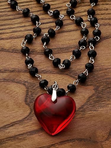 Sacina Goth Y2k Red Heart Necklace, Layered Black Beaded Heart Choker, Gothic Emo Grunge Y2k Necklace, Valentine Gift, Halloween Christmas Jewelry Gift For Women thumbnail 5