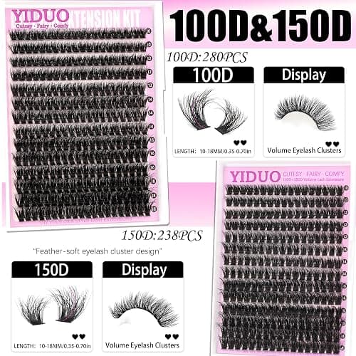 YIDUO 4 Styles Lash Clusters Kit 60D+80D+100D+150D Fluffy Clusters Lashes Extensions Kit with 2 Bond and Seal 10-18mm Wispy D Curly Full DIY Individual Eyelash Extensions Kit DIY at Home Easily thumbnail 4