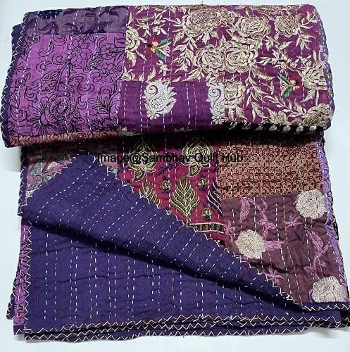 Multicolor Patchwork Quilt Vintage Indian Reversible Quilted Throw Blanket Super Soft and Warm Living Room Decorative for Sofa and Couch 60X67 inches (Purple) thumbnail 3