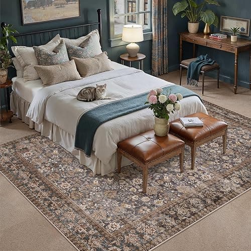 HUGEAR 8x10 Machine Washable Rugs Tradition Brown Hallway Large Area Rug Indoor Accent Rug Floral Low Pile Carpet Soft Throw Aesthetic Rug Bedroom Living Room Office Dining Room Kitchen Laundry Room thumbnail 3