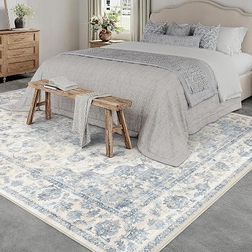 WondRg 8x10 Washable Neutral Area Rug Blue Vintage Living Room Bedroom Carpet Non-Slip Soft Low Pile Farmhouse Indoor Large Throw Rug for Dining Room Office thumbnail 2