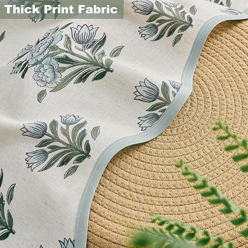 PROCIDA Green Scalloped Shower Curtain- Blue Block Print Floral, 72x72 Inch Linen Blend Bathroom Curtain with 12 Metal Hooks, Botanical Flower Bath Curtain for Country Bathrooms. thumbnail 9