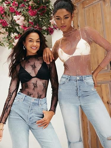 MEROKEETY Womens 2025 Lace Mesh Sheer Long Sleeve Top Sexy Y2k Mock Neck See Through Shirt Blouses thumbnail 3