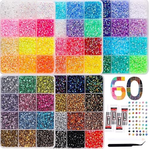 LERBOU 37500Pcs Bedazzling Kit for 60 Colors Rhinestones with 5 Box Diamond Art, 3mm Flatback Gems with 4×10ml B7000 Jewelry Glue Tweezers & Pickup Pen, Perfect for Nail Art, Crafting, Clothing - Image 1