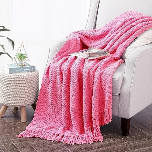 BYTIDE Throw Blanket for Couch Soft Knitted Textured Couch Cover Tweed Blanket with Fringe Tassel for Home Décor Bed Sofa Chair, 60" x 80", Hot Coral Pink - Image 1