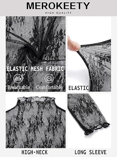 MEROKEETY Womens 2025 Lace Mesh Sheer Long Sleeve Top Sexy Y2k Mock Neck See Through Shirt Blouses thumbnail 2