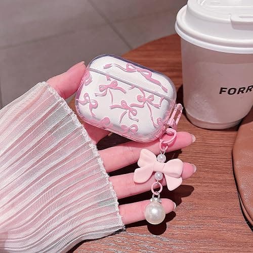 MINSCOSE Compatible with AirPods Pro 3rd Generation Case (2025) with Cleaner Kit,Cute Ribbon Bow Pretty Aesthetic Design with Bow Pearl Keychain,for Girls Women for AirPods Pro 3-Pink thumbnail 4