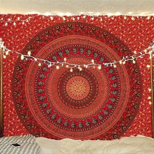 Bless International Indian-hippie-gypsy Bohemian-psychedelic Cotton-mandala Wall-hanging-tapestry-multi-color Large-mandala Hippie-tapestry (Golden Red, Queen (84x90Inches)(215x230Cms)) - Image 1