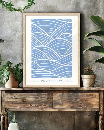 EcoHest 12x16 in Psalm 107:29 Ocean Waves Christian Framed Wall Art | Natural Oak Wood Frame with Canvas Wall Art, Scripture Bible Verse Decor for Bedroom, Living Room, Office, Church, 1Pack thumbnail 2