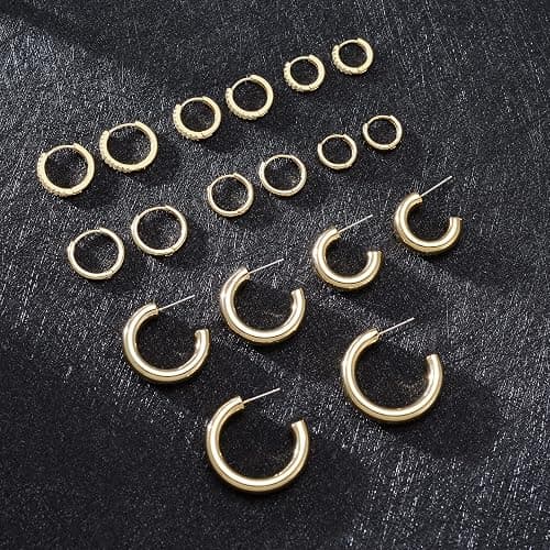 Cuicanstar 9 Pairs Chunky Gold Plated Hoop Earrings Lightweight 14K Gold Plated Hoops Earrings Minimalist Artificial Cubic Zirconia Huggie Earrings Set for Women thumbnail 4