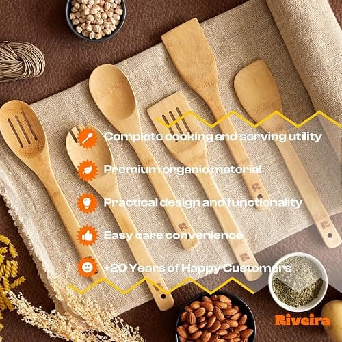 Riveira Bamboo Cooking Spoons 6-Piece – Wooden Cooking Utensils Set with Wooden Spoons for Cooking & Spatulas Wooden Utensil Sets – Premium Kitchen Utensils Set – Durable First Apartment Essentials thumbnail 6