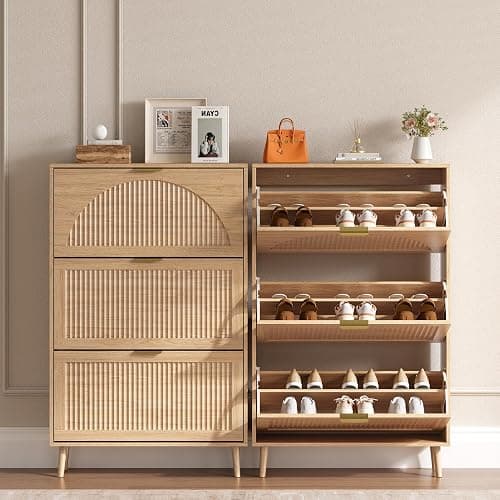 BORNOON Shoe Cabinet for Entryway with 3 Flip Drawers, Slim Wooden Shoe Storage Organizer with Modern Fluted Pannel，Freestanding Narrow Hidden Shoe Rack for Hallway, Foyer, Living Room thumbnail 4
