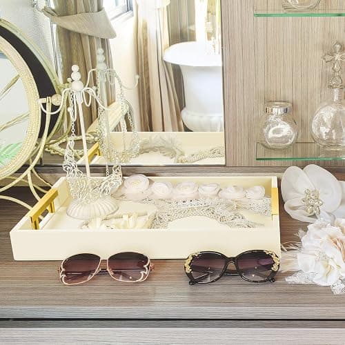 ATZYmolin Leather Serving Tray with Gold Polished Metal Handles, Home Decorative Wooden Rectangle Ottoman Decor Platter Bathroom Vanity Tray for All Occasions White - White thumbnail 7
