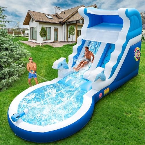 HXDOGSP Inflatable Water Slide Commercial Grade: 24FT(L) Water Bounce House for Adults & Teenagers - Big Pool, Premium PVC, Dolphin Style, Wet & Dry, 950W Blower - for Backyard Outdoor Birthday Party - Image 1