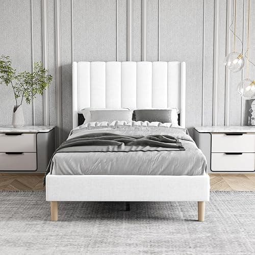 Zoophyter Twin Size Bed Frame with Linen Upholstered Headboard, White | Linen Platform Bed, Heavy Duty Wooden Slats Support, 7.48" Under-Bed Storage, No Box Spring Needed, Easy Assembly thumbnail 3