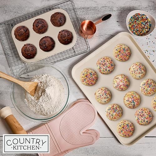 Country Kitchen Nonstick Stackable Bakeware Set - Deluxe Heavy Duty, Durable, Easy Release Baking Set, Pink, 13 Pcs with Handles thumbnail 2