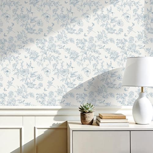 Floral Peel and Stick Wallpaper- Blue and White Vintage Flowers Contact Paper for Bathroom, Bedroom - Boho Removable Self Adhesive Vinyl Wall Paper for Decor Shelf Linings and Cabinets,17.3" x 78.7" - Image 1