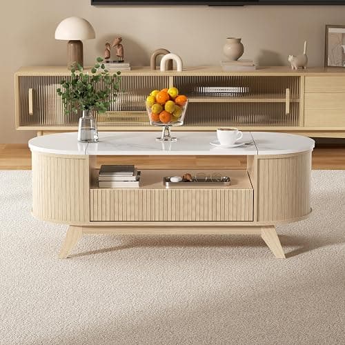 Coffee Table with Storage, Mid Century Modern Center Table for Living Room, Oval Fluted Coffee Table with Hidden Storage Space, Open Shelf & Drawer, Natural Wood thumbnail 8