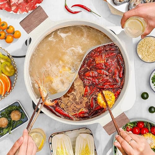 Dezin 5-QT Double-flavor Shabu Shabu Pot with Divider, Dual Sided Nonstick Hot Pot, 12 Inch Divided Stockpot for Cooking, Hotpot for Induction Cooktop, Gas Stove & Hot Burner, Soup Ladle Included thumbnail 2