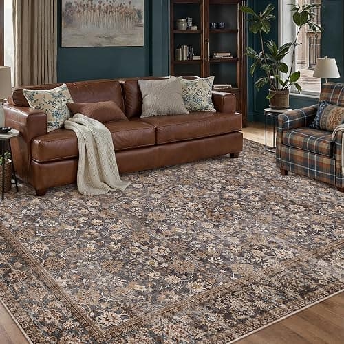 HUGEAR 8x10 Machine Washable Rugs Tradition Brown Hallway Large Area Rug Indoor Accent Rug Floral Low Pile Carpet Soft Throw Aesthetic Rug Bedroom Living Room Office Dining Room Kitchen Laundry Room - Image 1