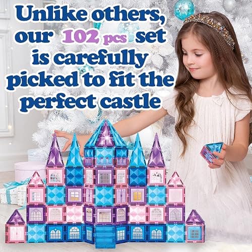 Little Pi 102pcs Frozen Princess Castle Magnetic Tiles Building Blocks - 3D Diamond Blocks, STEM Educational Toddler Toys for Pretend Play, 4 Year Old Girl Birthday Gifts Kids Ages 3 5 6 7 8 - Blue thumbnail 3