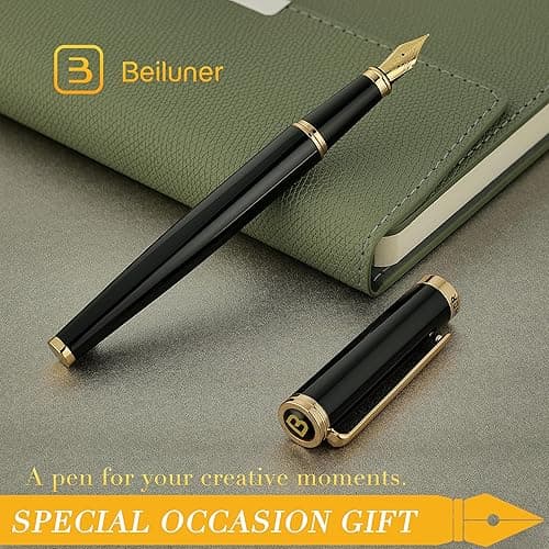BEILUNER Black Fountain Pen,Stunning Luxury Pens with 24K Gold Accents, Gorgeous 24K Gilded Nib(Extra Fine), Fancy Pen Gift for Men&Women -Ink Converter-Elegant, Reliable,Christmas Presents, Nice Pen thumbnail 9