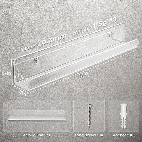 Gotega 8 Pack Vinyl Record Shelf Wall Mount, 12 inch Album Record Holder Display, Clear Acrylic Floating Shelves for Wall, Suitable for Bedroom, Living Room, Magazine Shelf, Kids Bookshelf, etc thumbnail 3
