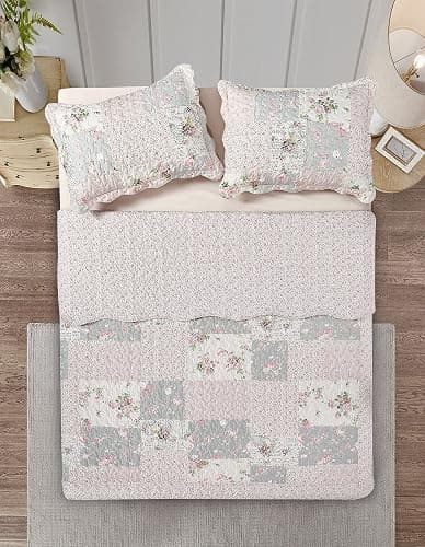 Brilliant Sunshine Rose and Sage Quilt Set, 3-Piece Bedding Sets, Traditional Patchwork Design, Washable and Reversible Bedspread, Soft Lightweight Coverlet, All-Season, Full/Queen, Light Pink Green thumbnail 4