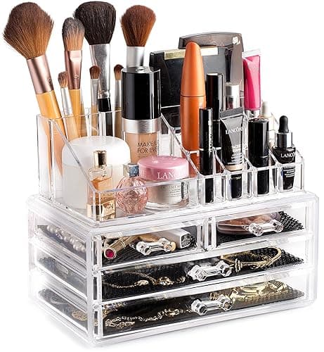 Masirs Clear Makeup Organizer – 16-Compartment Cosmetic and Jewelry Holder, 4-Drawer Vanity Storage, Elegant Clear Design for Makeup and Accessories - 4-Drawer | 16 Compartments - Image 1