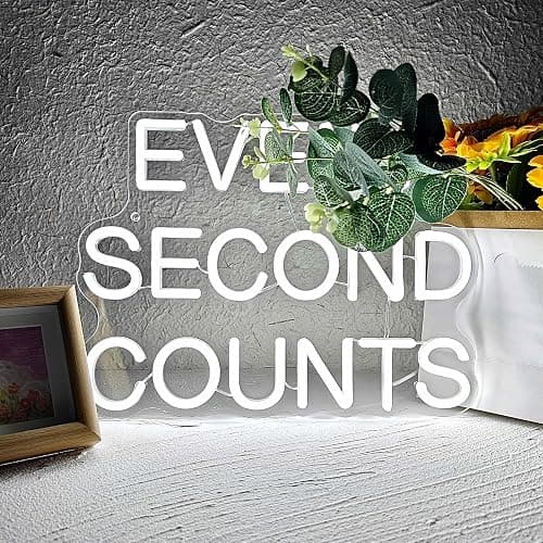 SECOND COUNTS Neon Sign, Motivational LED Wall Decor for Kitchen Home Office Gym, Dimmable White Aesthetic Glow Sign, Unique Gift for Chefs Entrepreneurs Athletes, USB Powered 13.38 x 10.07 inches - Image 1
