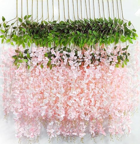 Wisteria Hanging Flowers 12 Pack Artificial Flowers Fake Wisteria Vine Rattan Hanging Garland Silk Flowers String for Party Home Wall Greenery Wedding Decor (Light Pink) thumbnail 7
