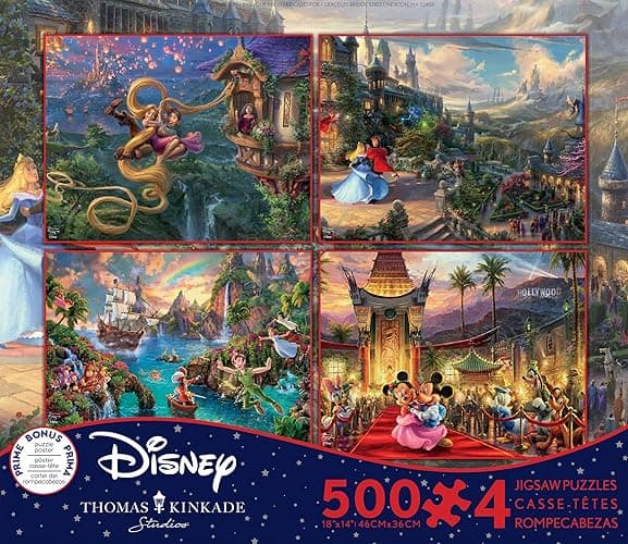 Ceaco - 4 in 1 Multipack - Thomas Kinkade - Disney Dreams Collection - Tangled, Sleeping Beauty, Peter Pan, & Mickey and Minnie - (4) 500 Piece Jigsaw Puzzles, 18 x 14 - Image 1