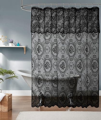 NOIR GOTHIC DECOR Shower Curtain with Black Valance. 72 Inch Goth Vintage Curtain Perfect for Gothic Bathroom. (SH Black-Black 72) - Black With Black Valance - 72"W x 72"L (Pack of 1) - Image 1