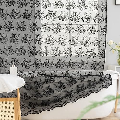 TUDECO Black Lace Shower Curtain with Valance, Gothic Style, 72 x 72 Inch | Halloween Bathroom Curtain, Moody Witchy Victorian Decor, Dark Vintage Floral, Soft Light Filtering, Scalloped Edges thumbnail 5