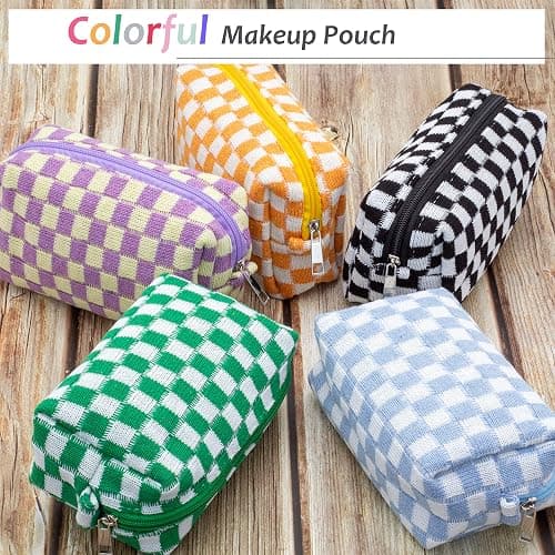 PAZIMIIK Checkered Makeup Bag for Purse Portable Zipper Make Up Pouch Small Cosmetic Case for Travel Accessories (Blue) - Blue thumbnail 5
