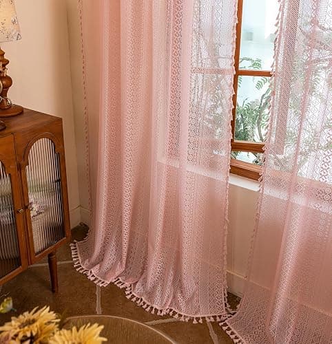 Sutuo Home Light Pink Boho Curtains 84 inches Long for Girls Bedroom Living Room,Lace Sheer Window Curtains Crochet Macrame Bohemian Valentine Farmhouse Vintage Tassels Rod Pocket,2 Panels 50" W - Image 1