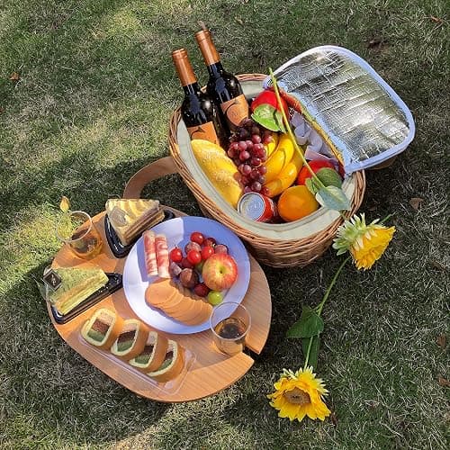 Hap Tim Wicker Picnic Basket Set for 2 with Mini Folding Wine Picnic Table & Large Insulated Cooler Bag & Cutlery Service Kits for 2 Person, Couples Gifts, Wedding Gifts (Y2209-2-CM) - 2 person - Cream White thumbnail 2