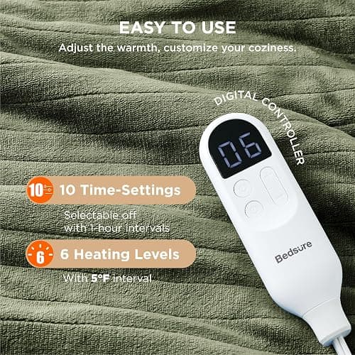 (#3 pick) Bedsure Electric Blanket Full Size - Soft Flannel Heated Blanket, Fast Heating with 10 Time Settings & 6 Heat Settings, Warm Gift for Grandma (72x84 inches, Olive Green) thumbnail 5